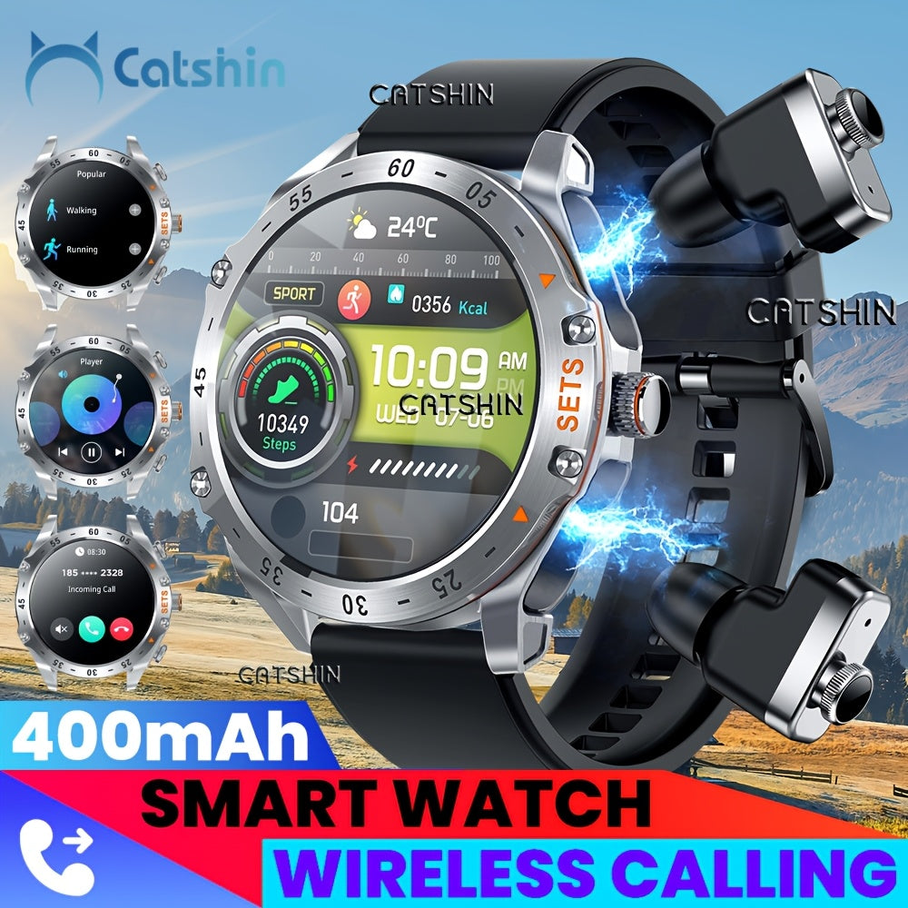 Montre Connectée CatShin 2-en-1 – Écouteurs Sans Fil, Écran IPS HD 3,86 cm, IP67 & 100+ Modes Sportifs