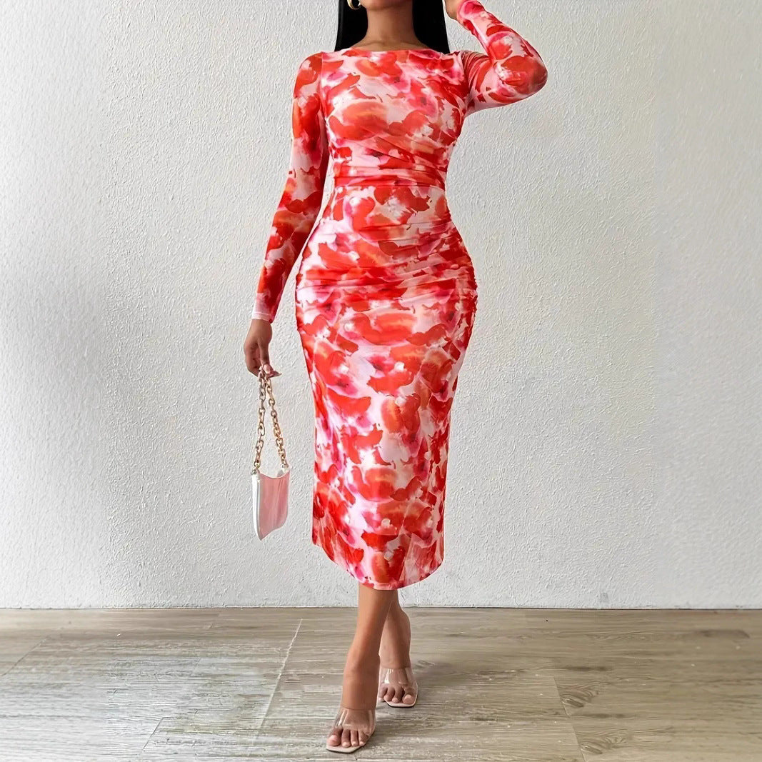 Robe Longue Imprimee Geometrique Maille - Col Rond, Manches Longues, Style Decontracte Chic