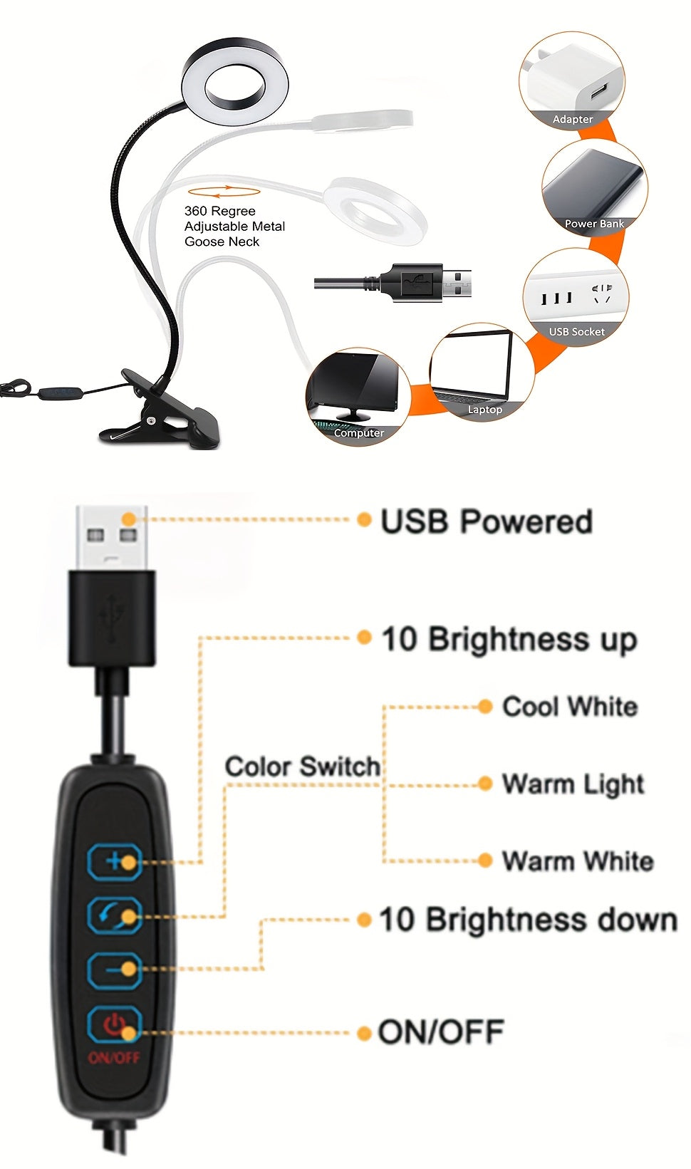 Lampe de bureau LED pince USB - Bras flexible 360° luminosité réglable