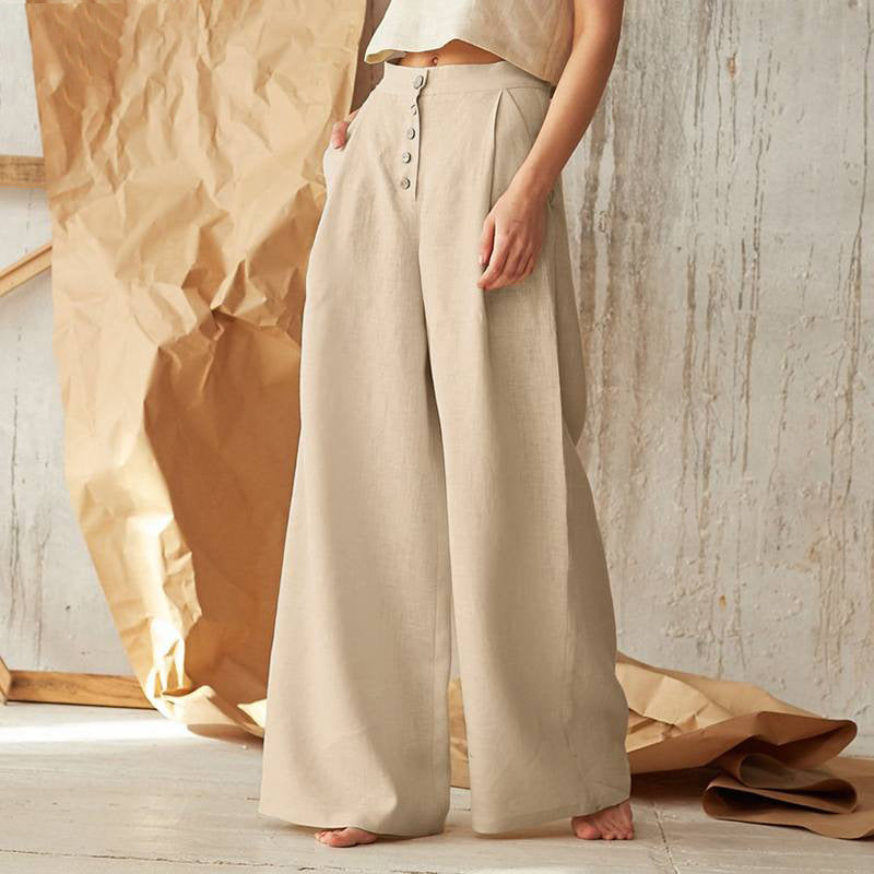 Pantalons pour femme, taille haute, décontractés, boutons, jambes larges, en coton - Topdecheztop.fr