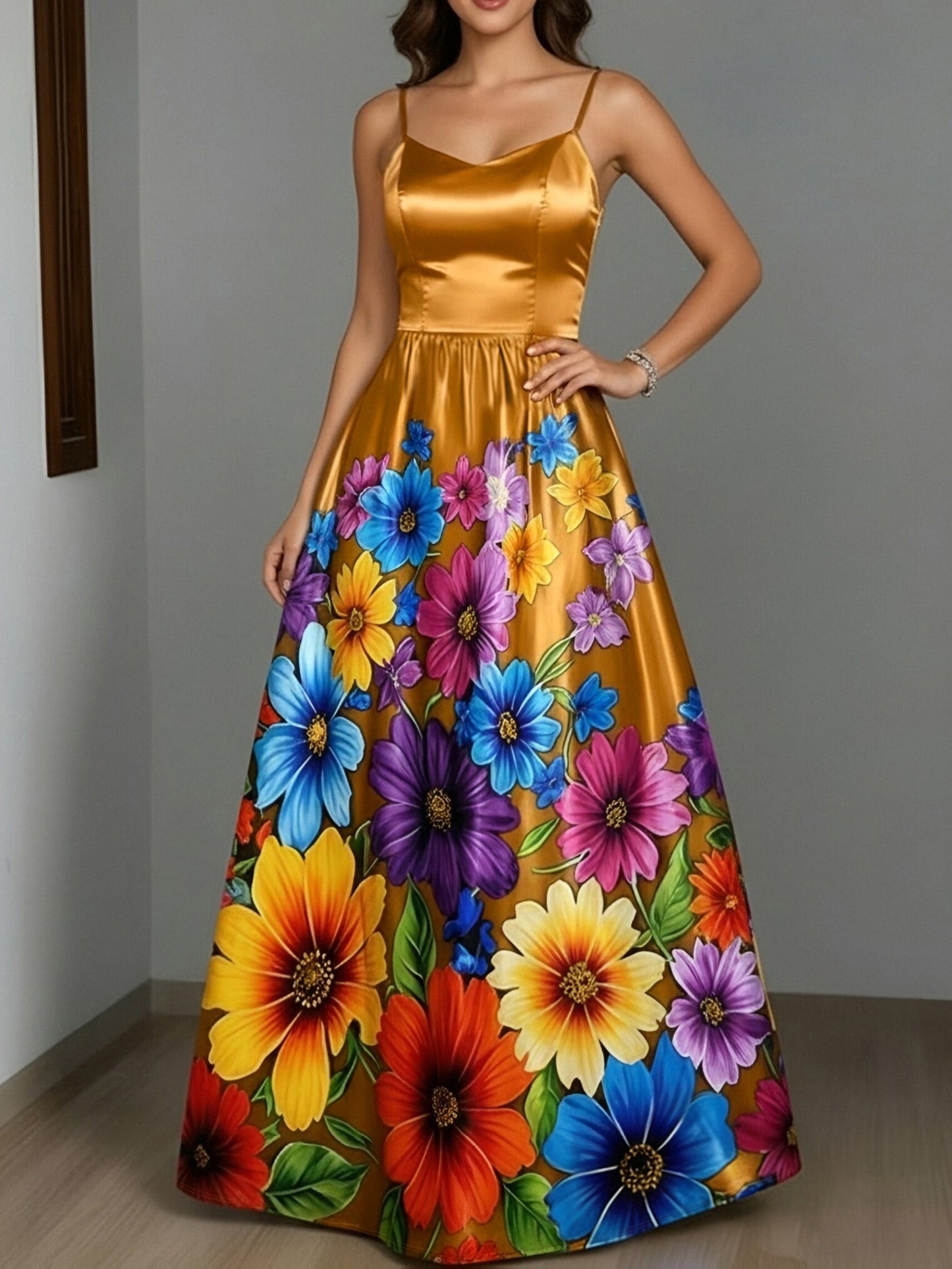 Robe Élégante Bretelles Spaghetti Imprimé Floral – Printemps/Automne, Tissu Élastique