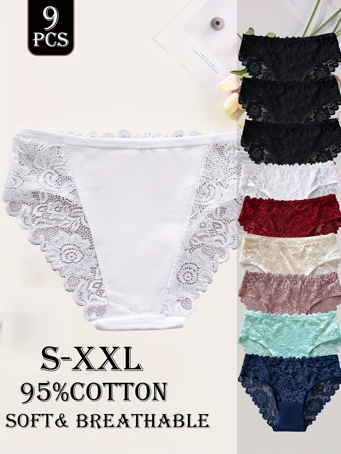 Lot de 9 culottes femme en coton avec dentelle - Couleur unie, style élégant, confort quotidien