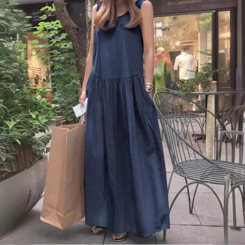 Robe longue ample à col rond et sans manches, grande taille, couleur unie - Topdecheztop.fr