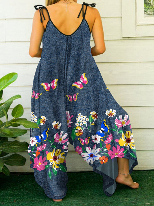 Combinaison Grande Taille Imprimé Papillons – Bretelles Spaghetti, Style Vacances Été | Bleu | L au 4XL