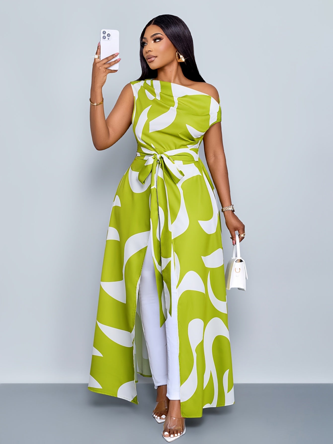 Robe maxi femme grande taille unie - Col asymetrique, epaules denudees, ourlet asymetrique, extensible, vert, L a 3XL