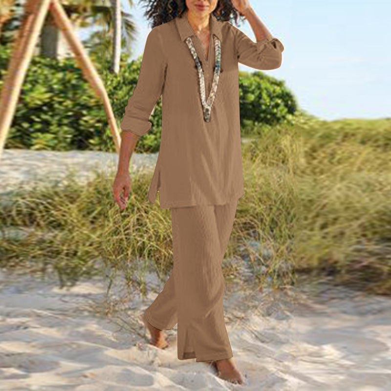 Costume pantalon rétro de style national de couleur unie en coton et lin - Topdecheztop.fr
