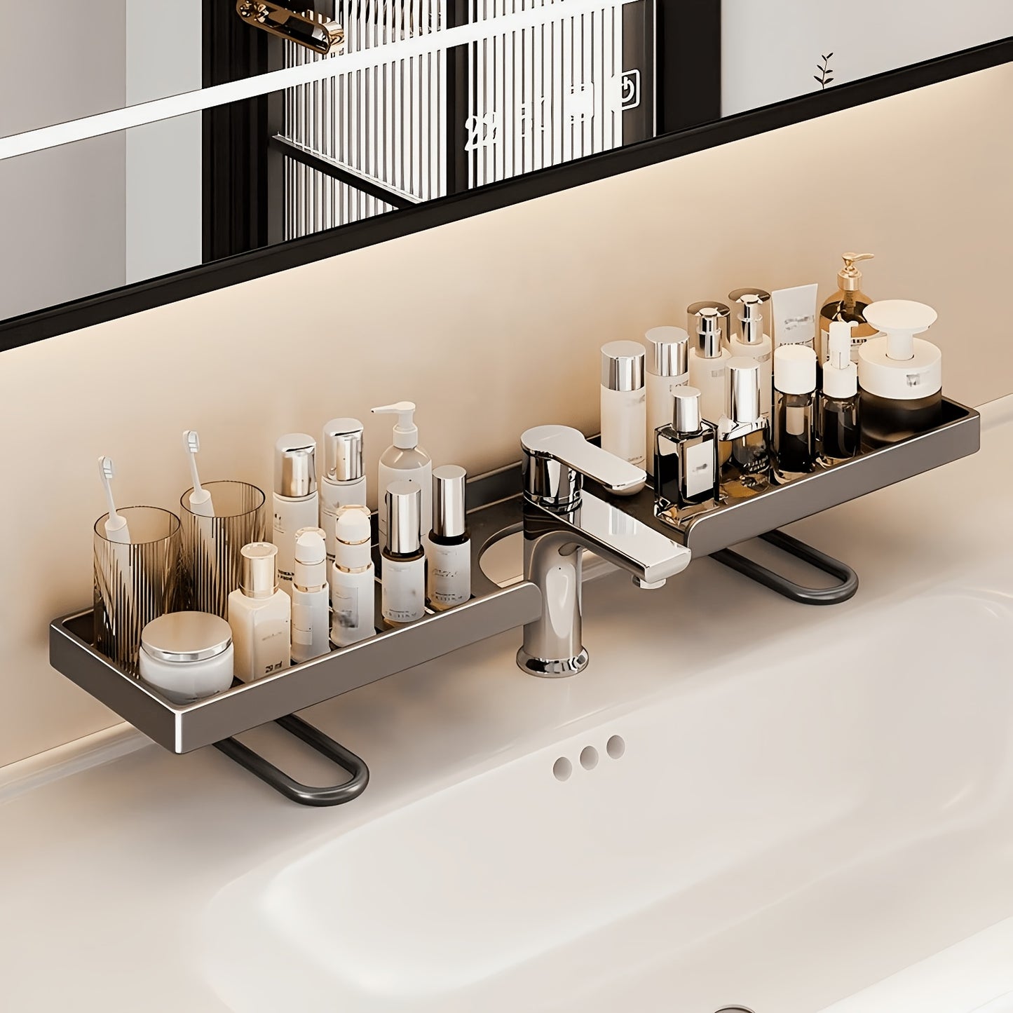 Étagère de Robinet Acier au Carbone - Support Sans Perçage, Salle de Bain & Cuisine, Blanc/Gris