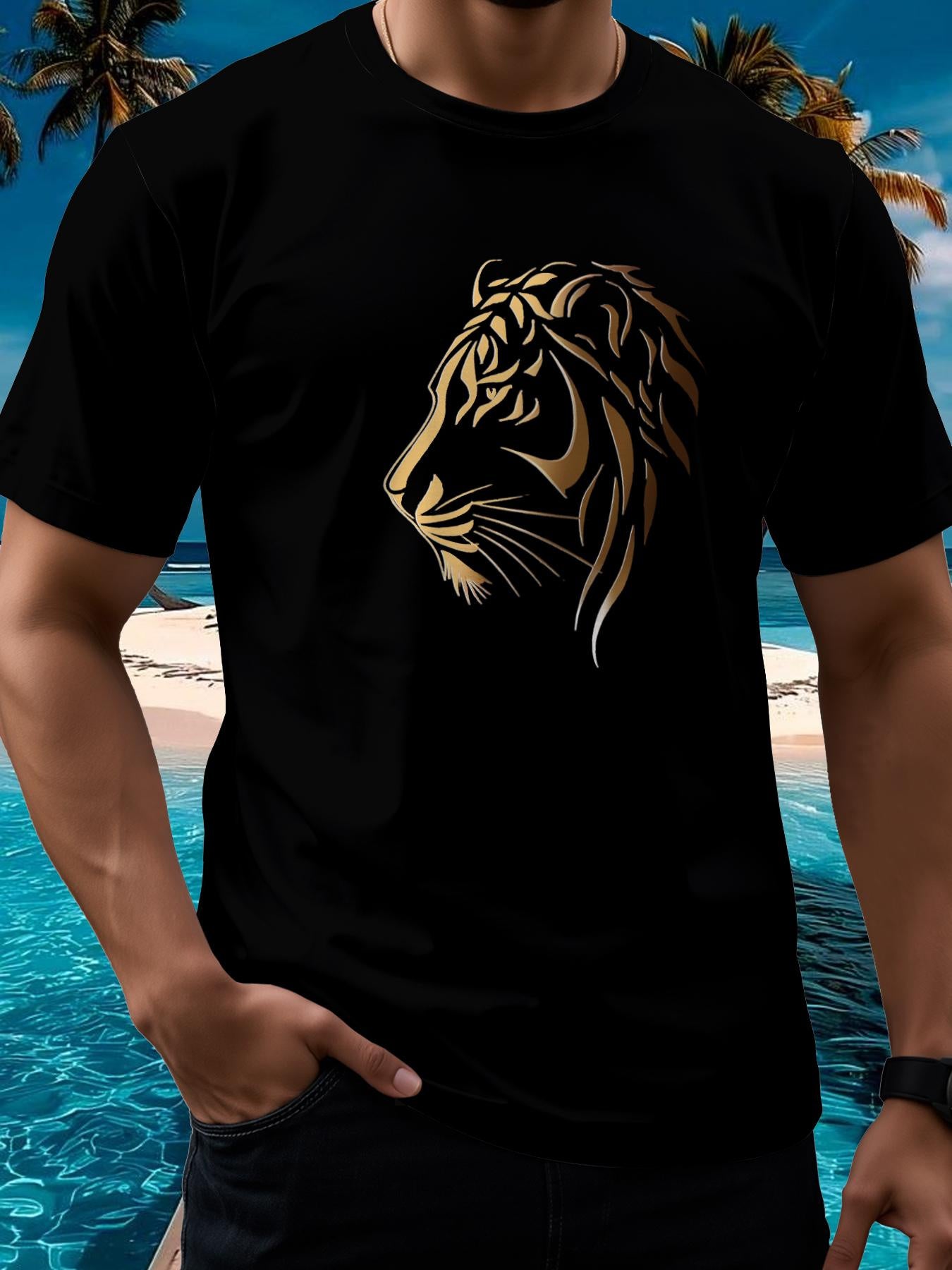 T-Shirt Homme Col Rond Manches Courtes Imprime Lion Respirant Sechage Rapide - 100% Polyester Noir FR S-XXL