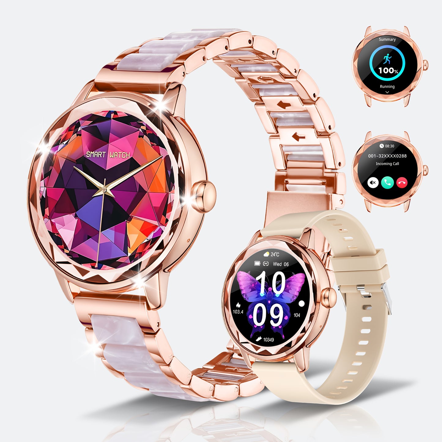 Montre Connectee Femme Elegante Bracelet Acier Inoxydable Ecran TFT 1.19 Bluetooth 5.3 - Suivi Cycle Sommeil Calories Podometre Compatible Android iPhone Rose Dore Argente