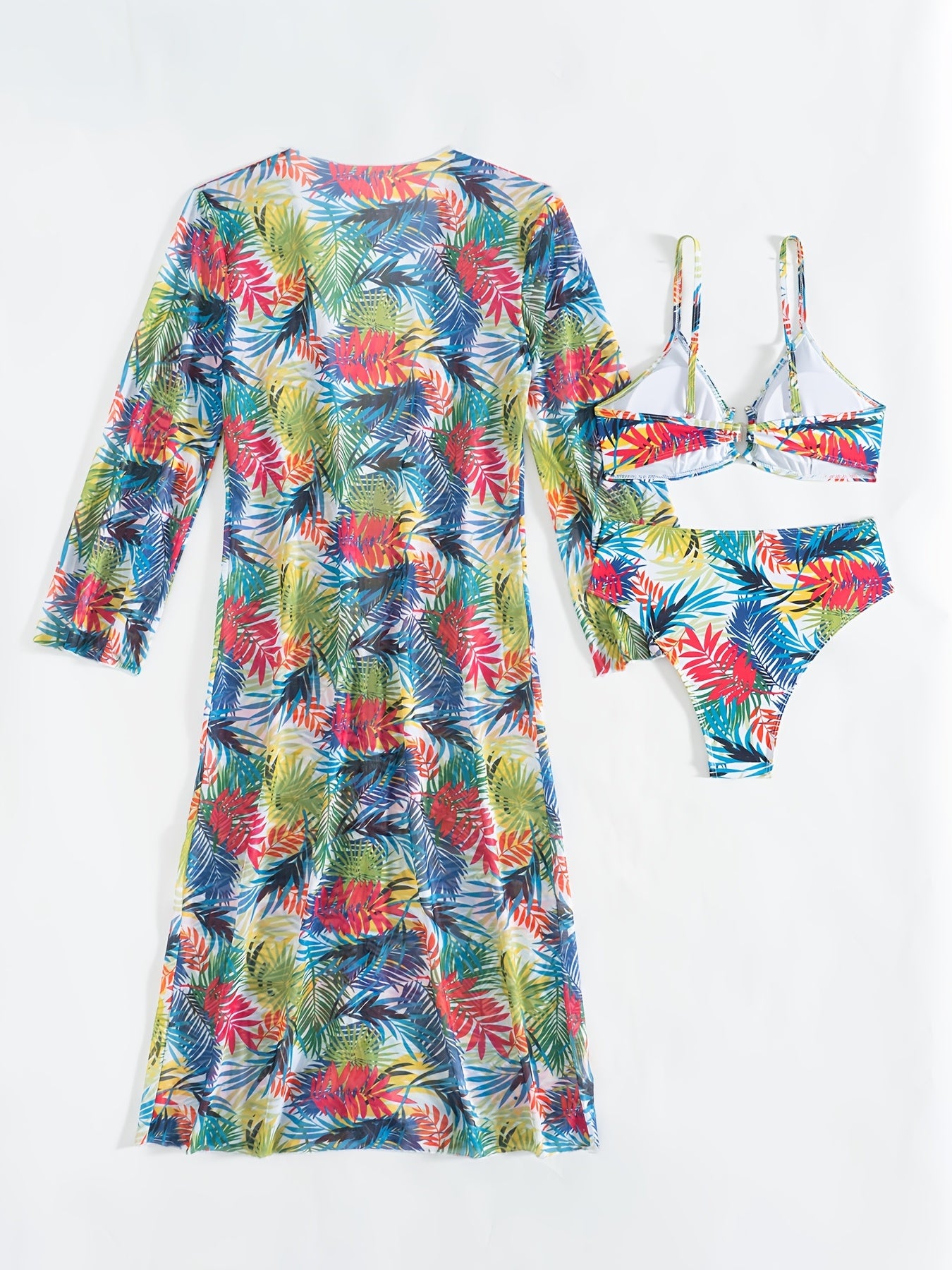 Ensemble Bikini 3 Pieces Femme - Motif Tropical, Col en V, Manches Longues