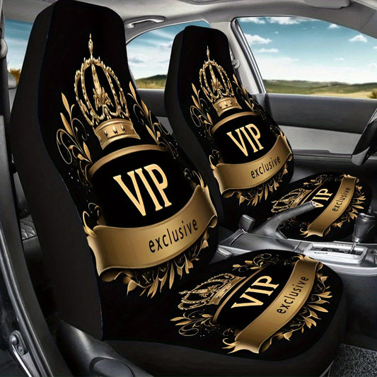 Lot de 2 Housses de Siège Auto VIP — Imprimé Couronne, Toile & Éponge, Ajustement Universel