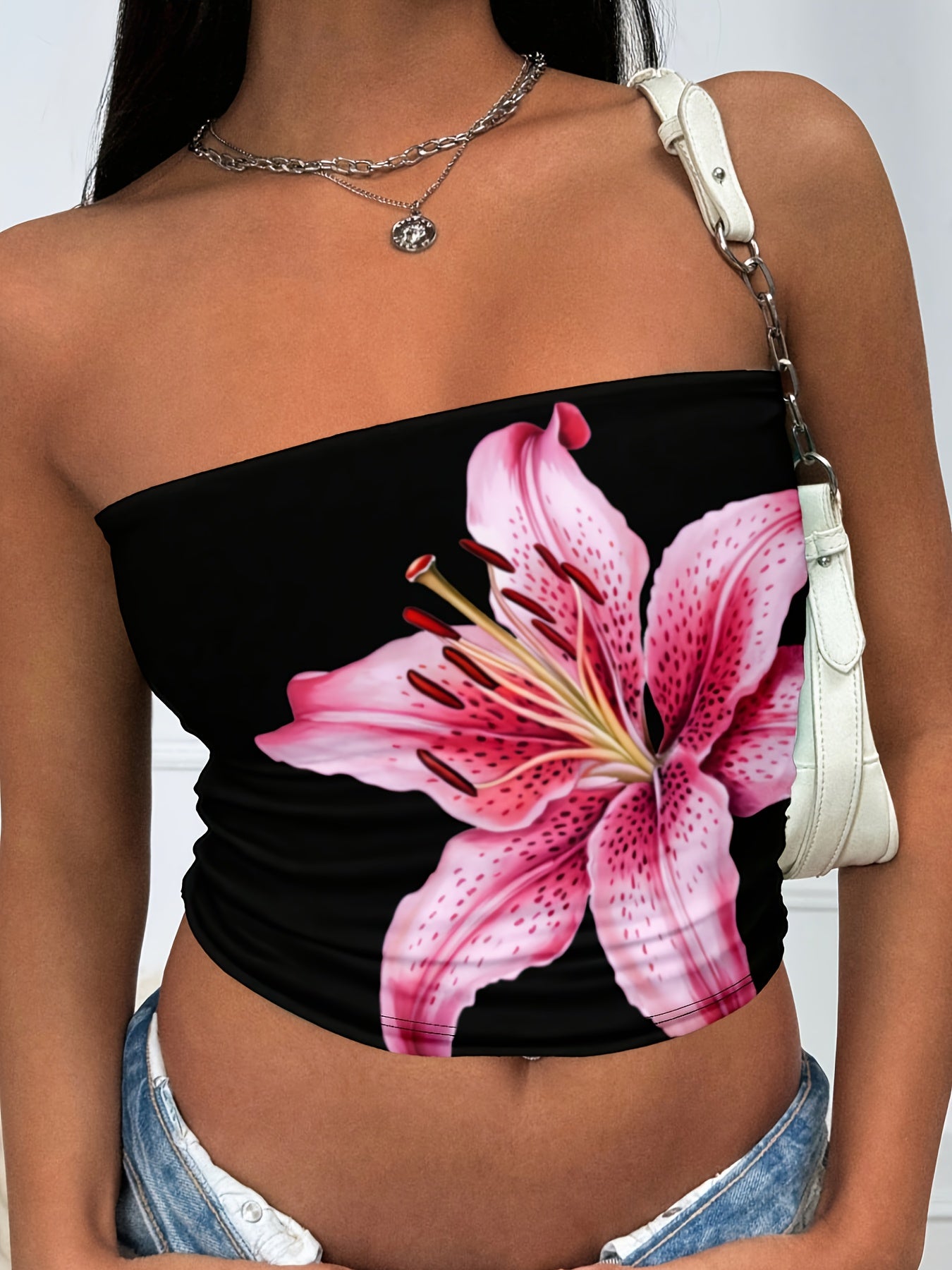 Top Bandeau Femme Imprime Floral Lys - Style Decontracte, Tissu Stretch, Multicolore, S au XXL