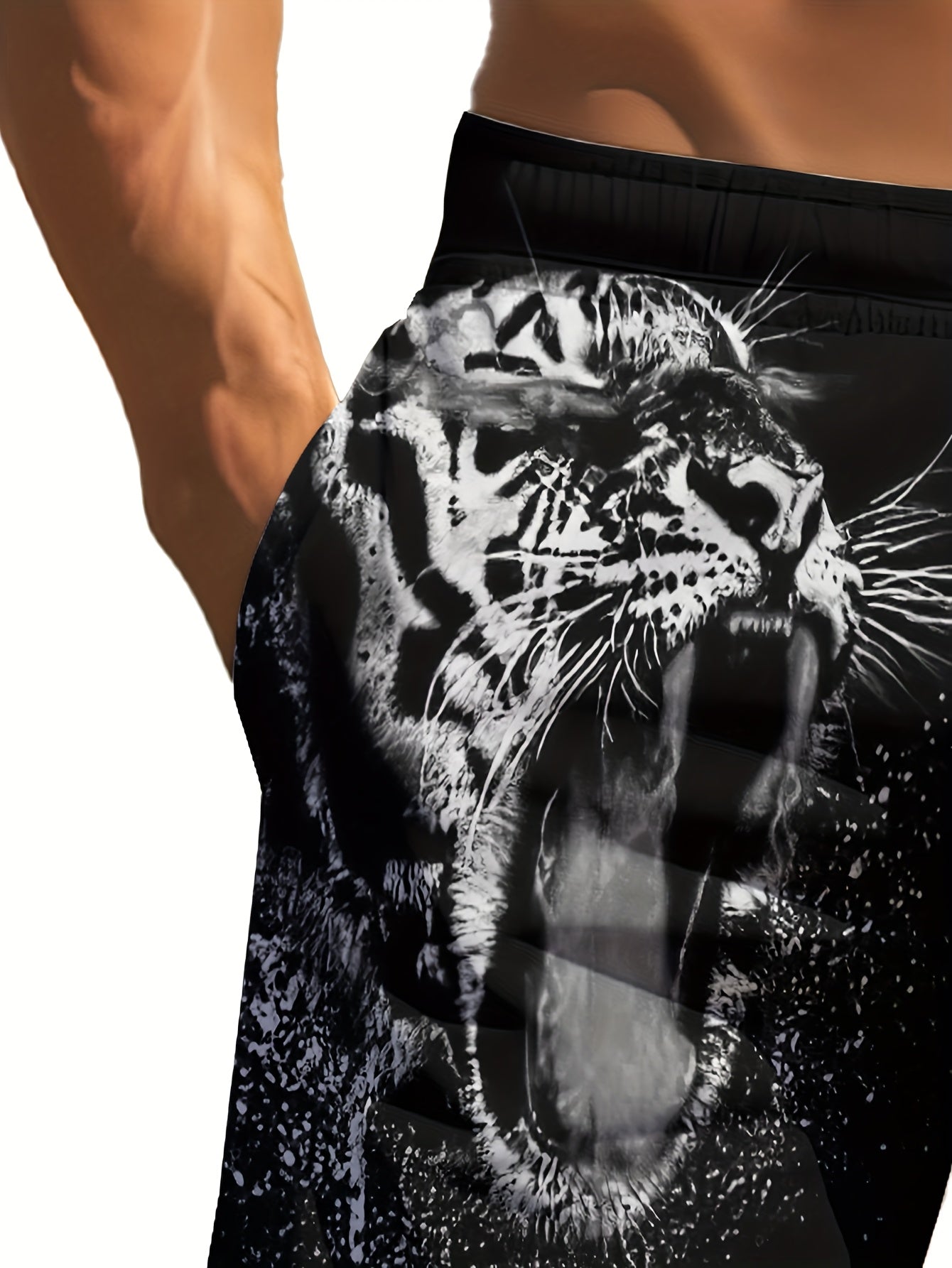 Short Homme Plage Ete Motif Tigre Feroce Geometrique - 95% Polyester Elasthanne Coupe Standard Bleu Noir FR S-XXL