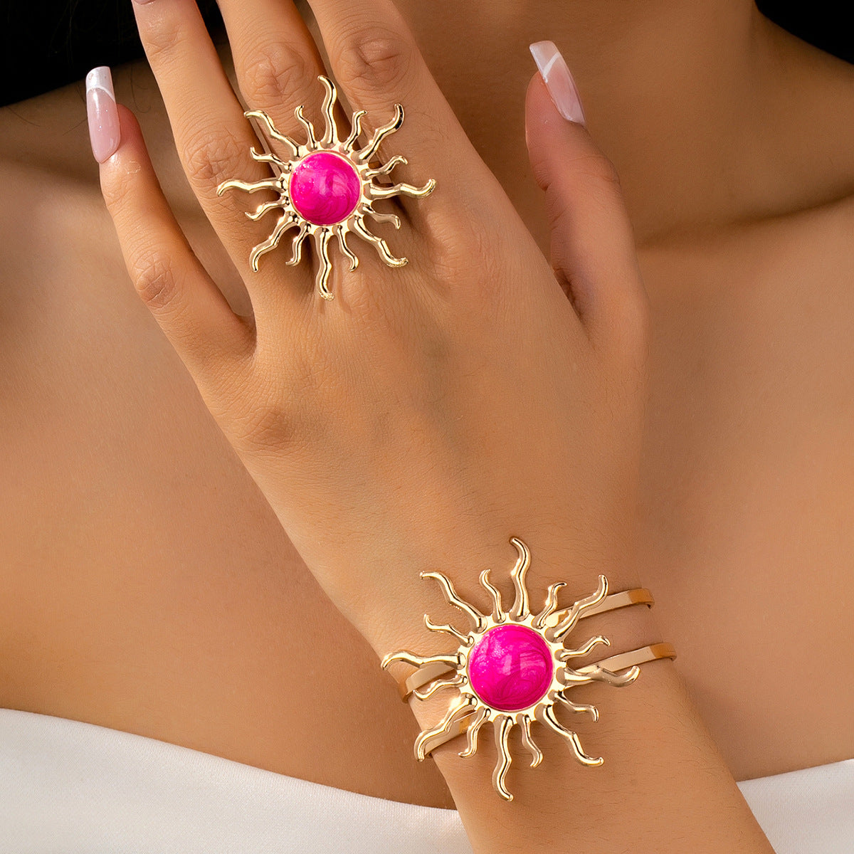 Ensemble Bracelet et Bague Tournesol Femme Alliage Electroplate - Rose Noir Violet