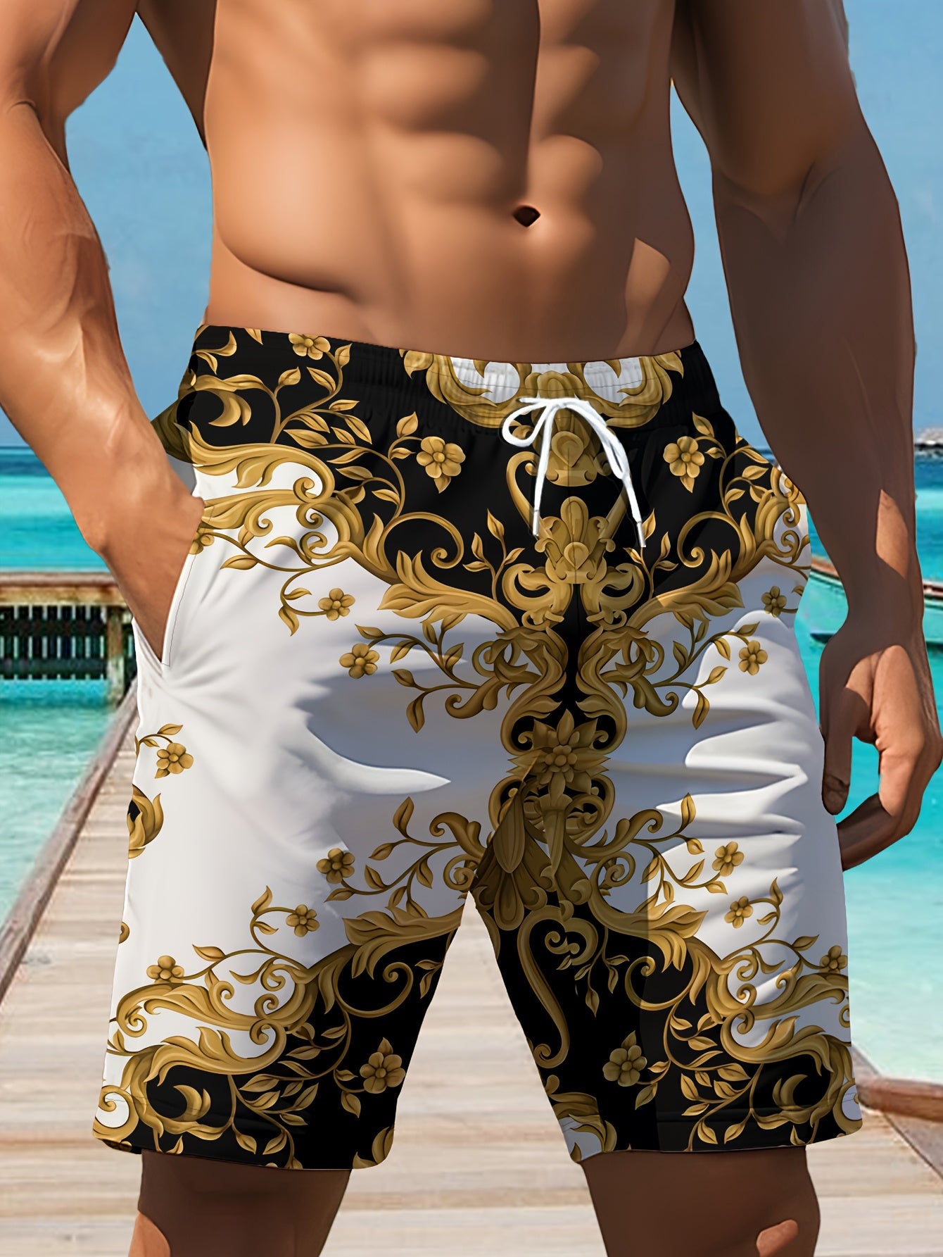 Short Homme Motif Géométrique avec Cordon de Serrage - Style Décontracté