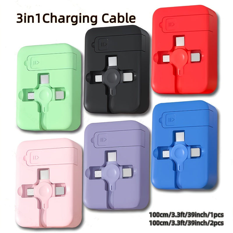 Cable USB 3-en-1 Retractable avec Support Telephone – Charge Rapide 18W, Transfert Donnees, 100cm | 8 Coloris