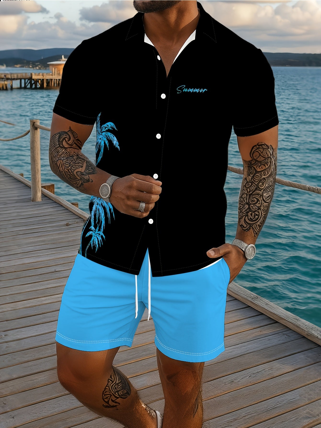 Ensemble Chemise Manches Courtes et Short Imprime Homme - Tenue Ete Decontractee