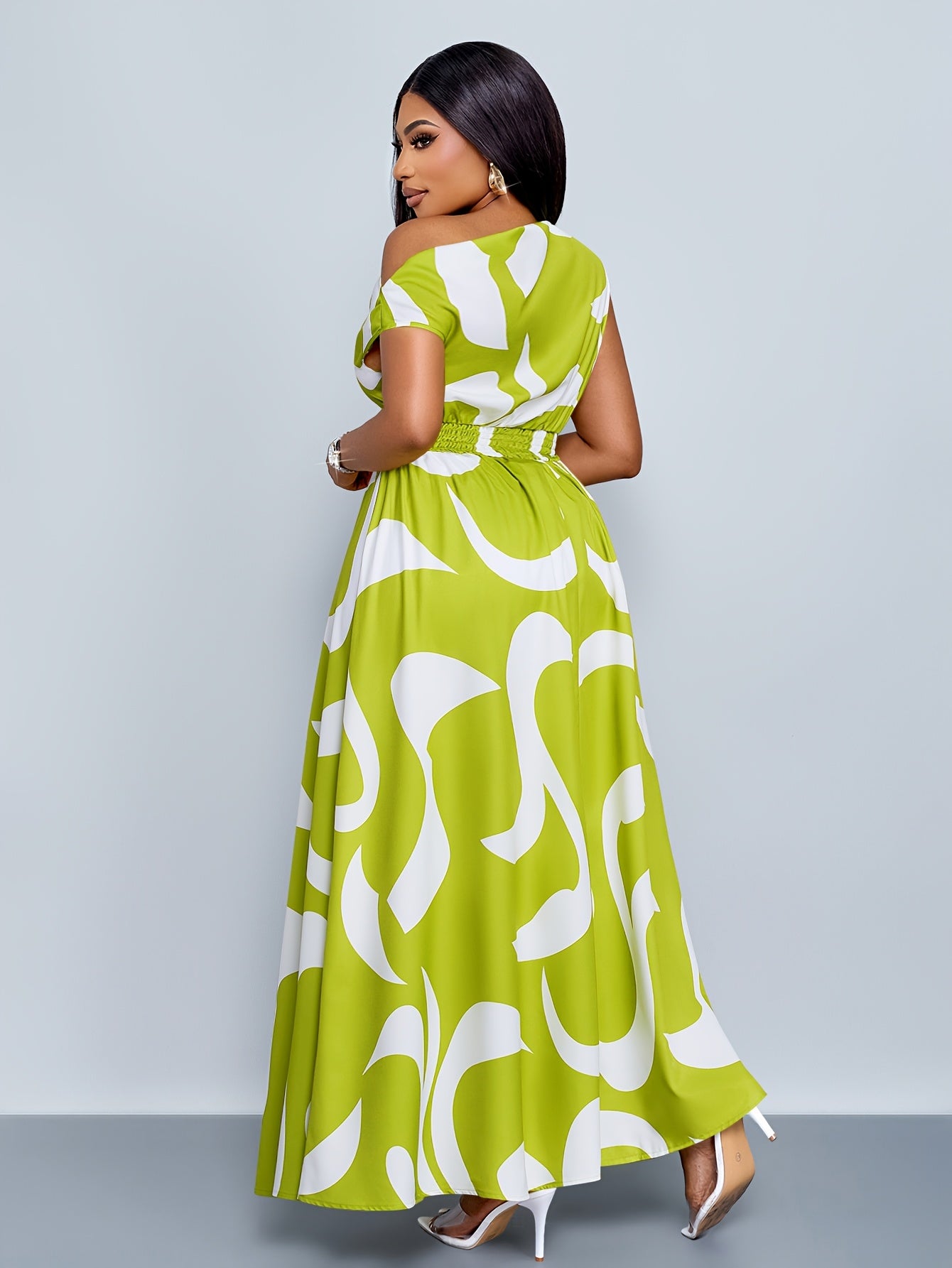 Robe maxi femme grande taille unie - Col asymetrique, epaules denudees, ourlet asymetrique, extensible, vert, L a 3XL
