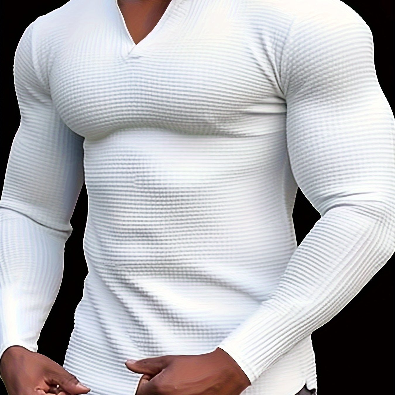 T-Shirt Homme Manches Longues Col en V Gaufre - Slim, 100% Polyester, Blanc Beige Noir, S-XXXL