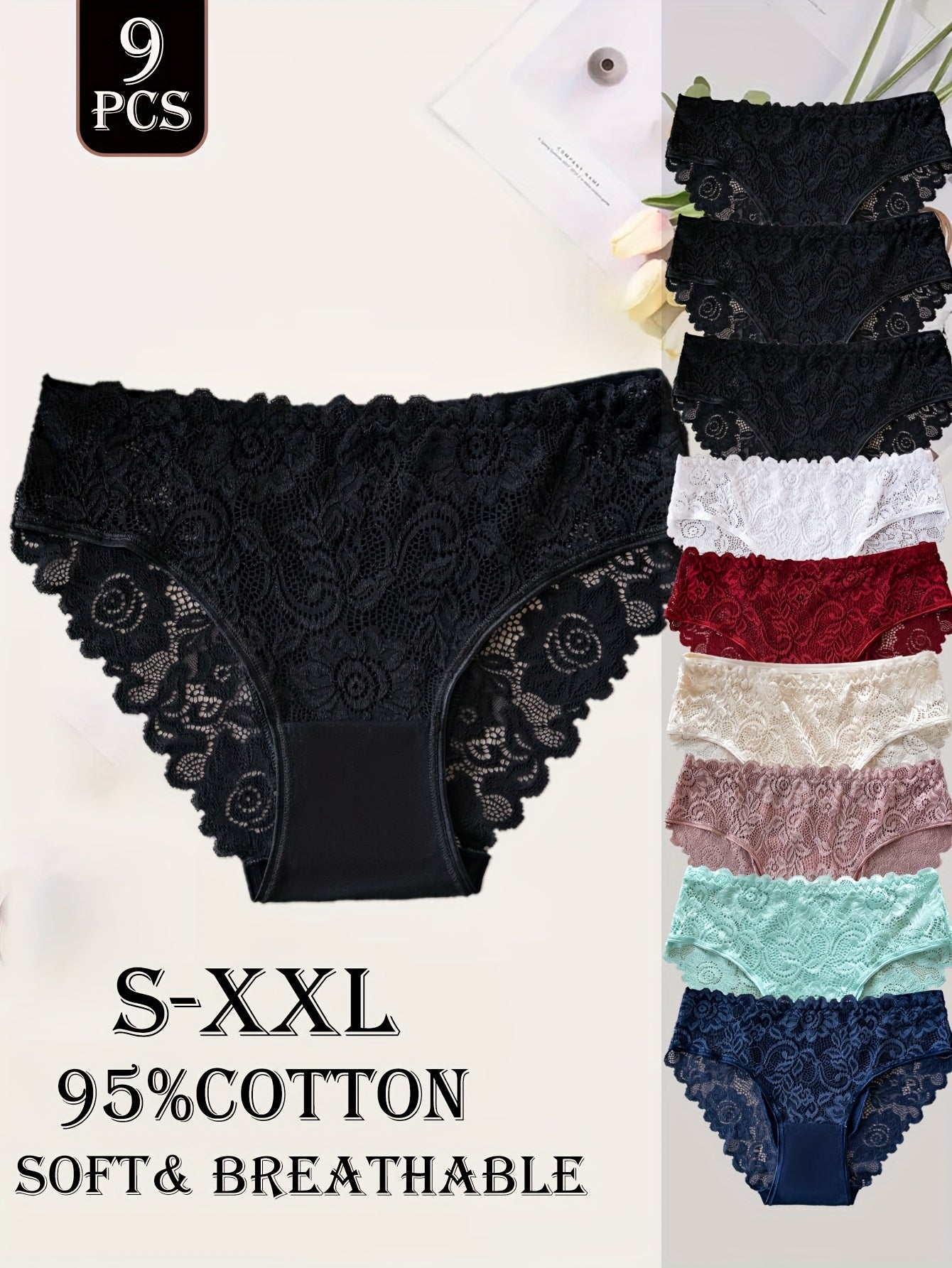 Lot de 9 culottes femme en coton avec dentelle - Couleur unie, style élégant, confort quotidien