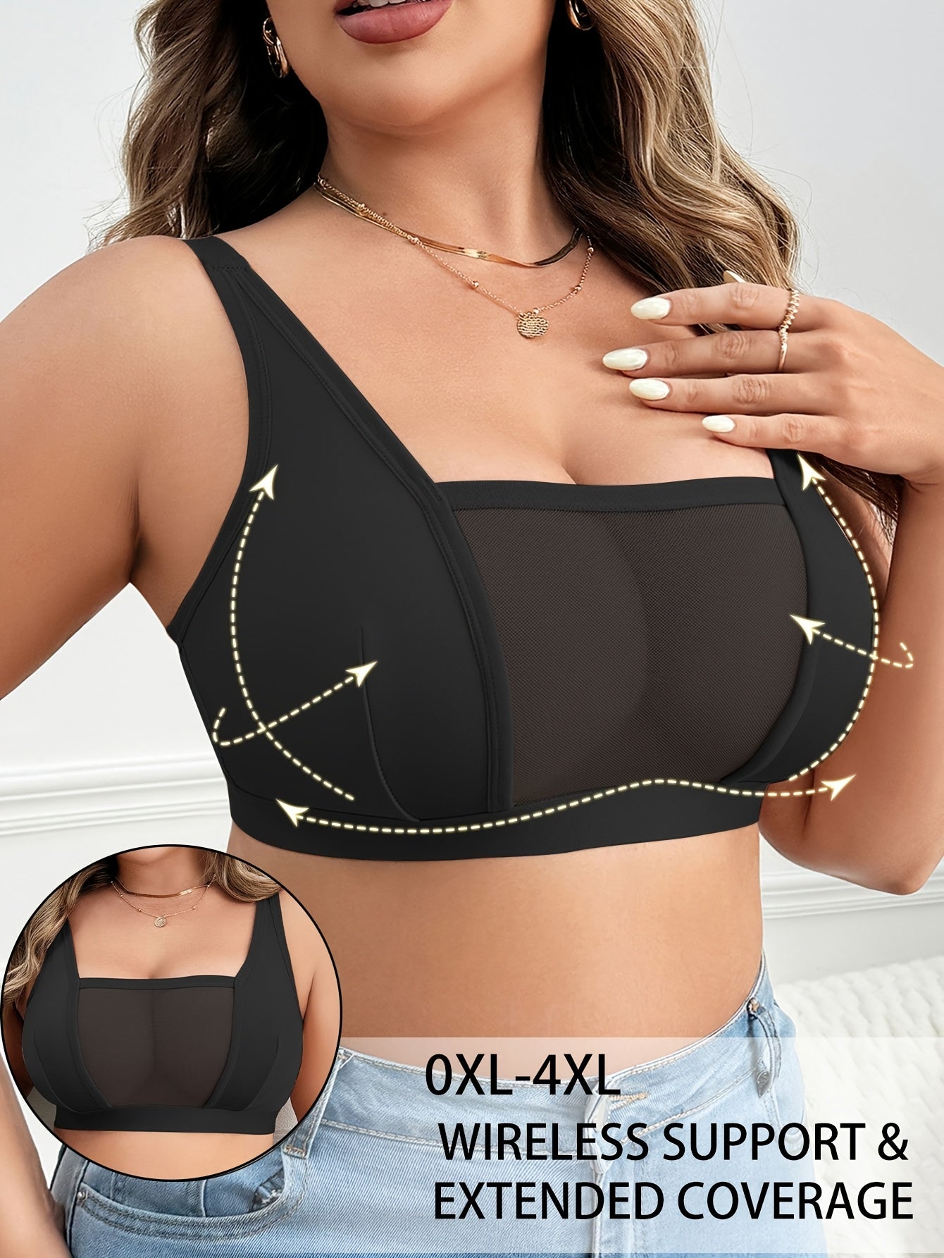 Soutien-Gorge Sans Fil Grande Taille Femme — 90% Polyester, Maille Contrastée, 3 Coloris, L-4XL