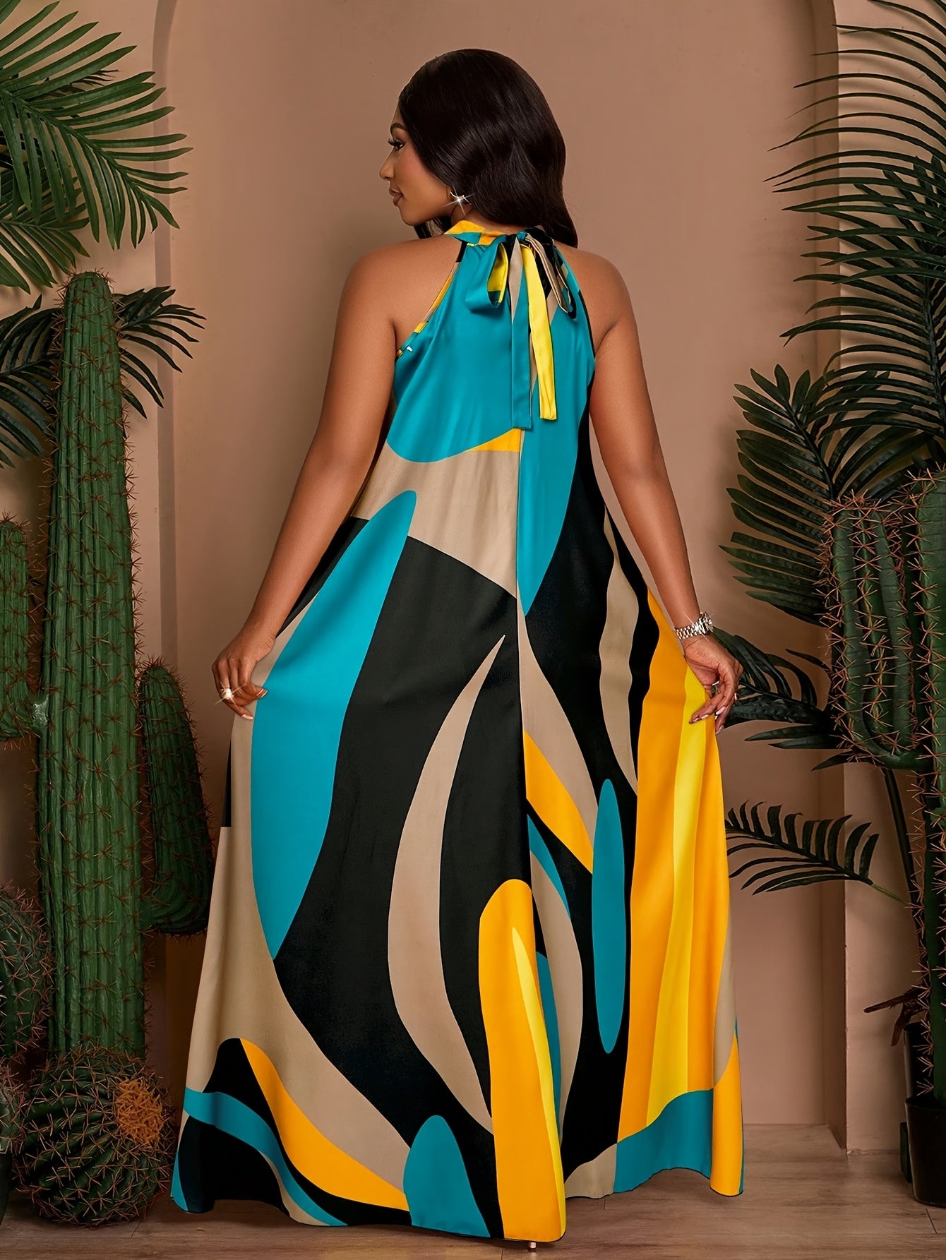 Robe longue plage femme grande taille imprimee - Col rond, coupe trapeze, nouage taille, poches, sans manches, vert ou jaune, L a 4XL