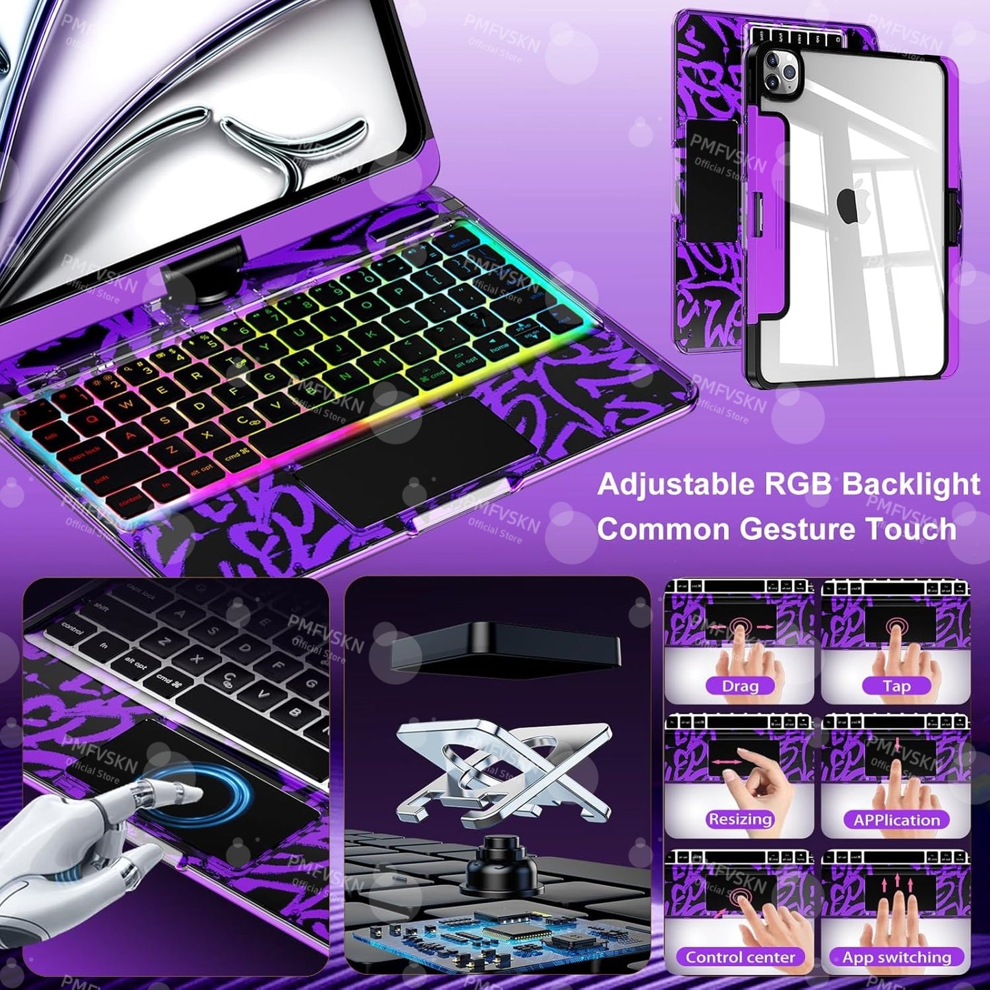 Étui Clavier Bluetooth iPad Transparent Rotatif 360° - Pavé Tactile Porte-Crayon Rétroéclairage 7 Couleurs