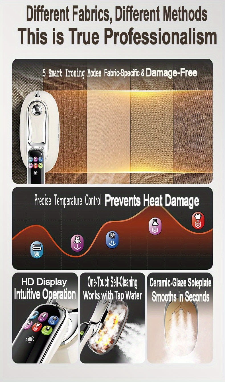 Fer a Repasser Vapeur Intelligent 6 Temperatures Autonettoyage Ecran HD Reservoir 160ml - 220-240V Beige Noir