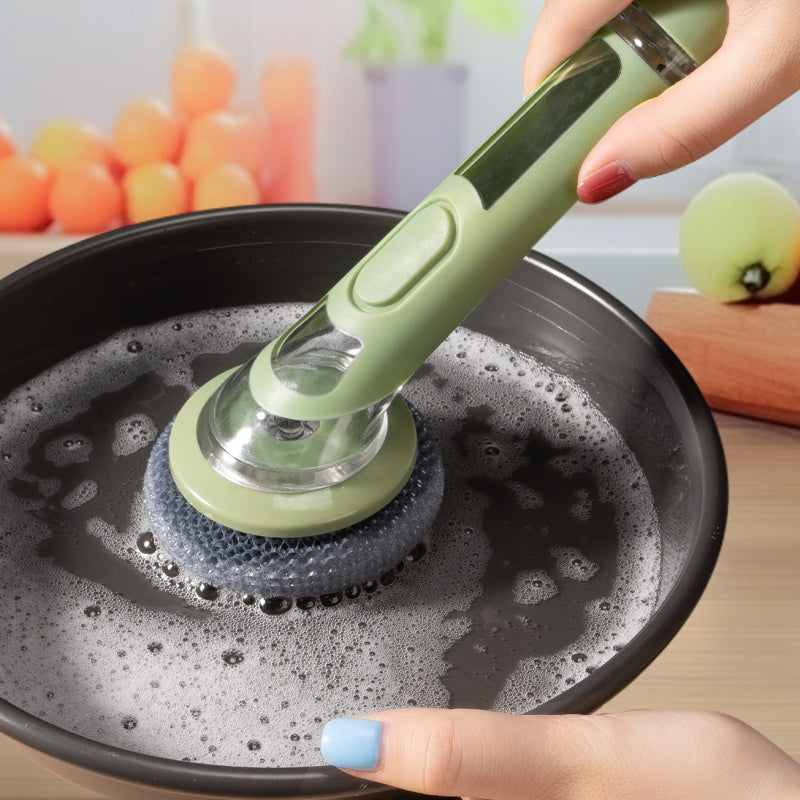 Brosse vaisselle ergonomique distributeur savon integre - Manche allonge, tete interchangeable, plastique, vert