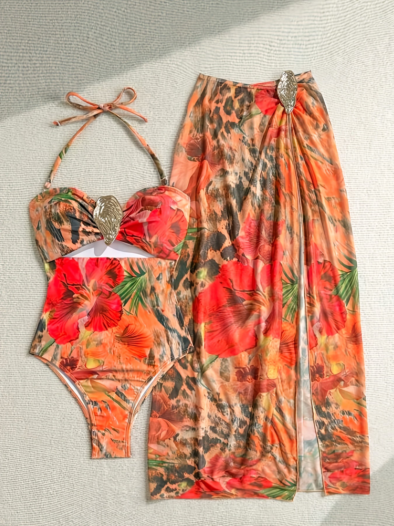 Maillot de Bain Une Piece Femme Imprime Floral - Details Creux, Tissu Stretch