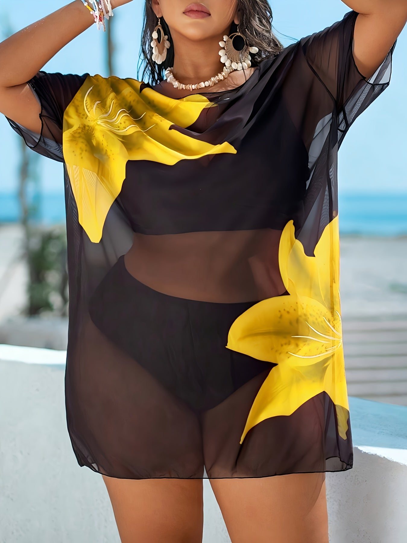 Cache-Maillot Robe de Plage Femme Grande Taille Imprime Floral Tres Extensible Semi-Transparent - 100% Polyester Decontracte Bleu Rose Jaune L-3XL