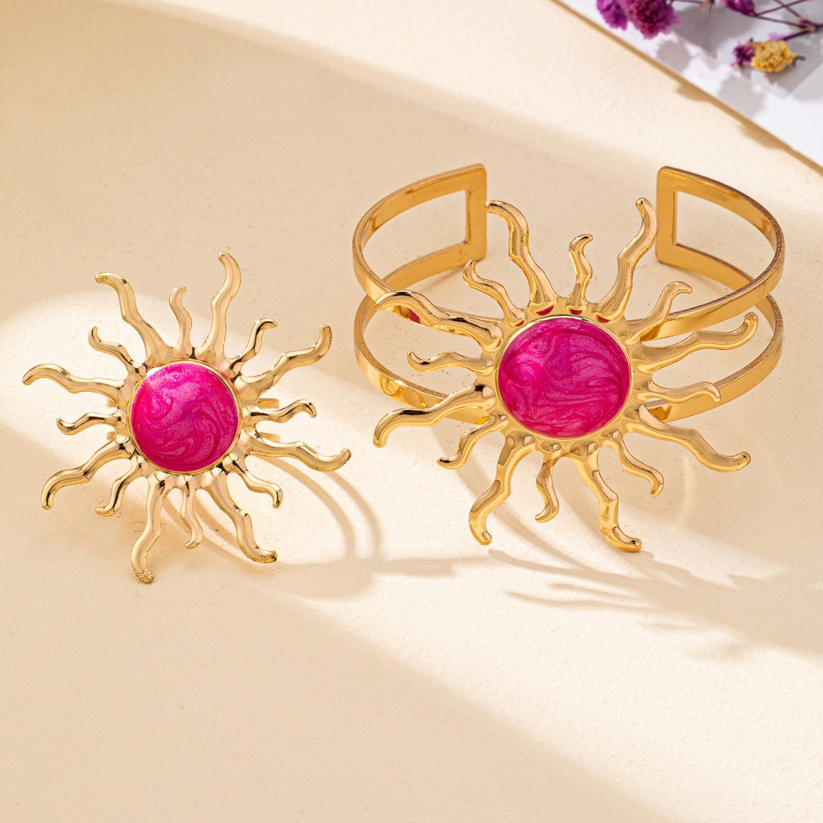 Ensemble Bracelet et Bague Tournesol Femme Alliage Electroplate - Rose Noir Violet