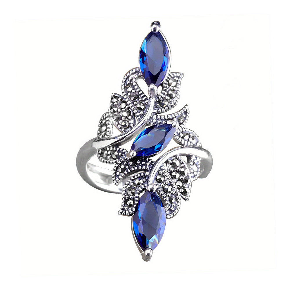 Bague large ajustable femme cuivre plaque blanc K - Zircone cubique feuille, style luxe paillete, bleu, taille unique