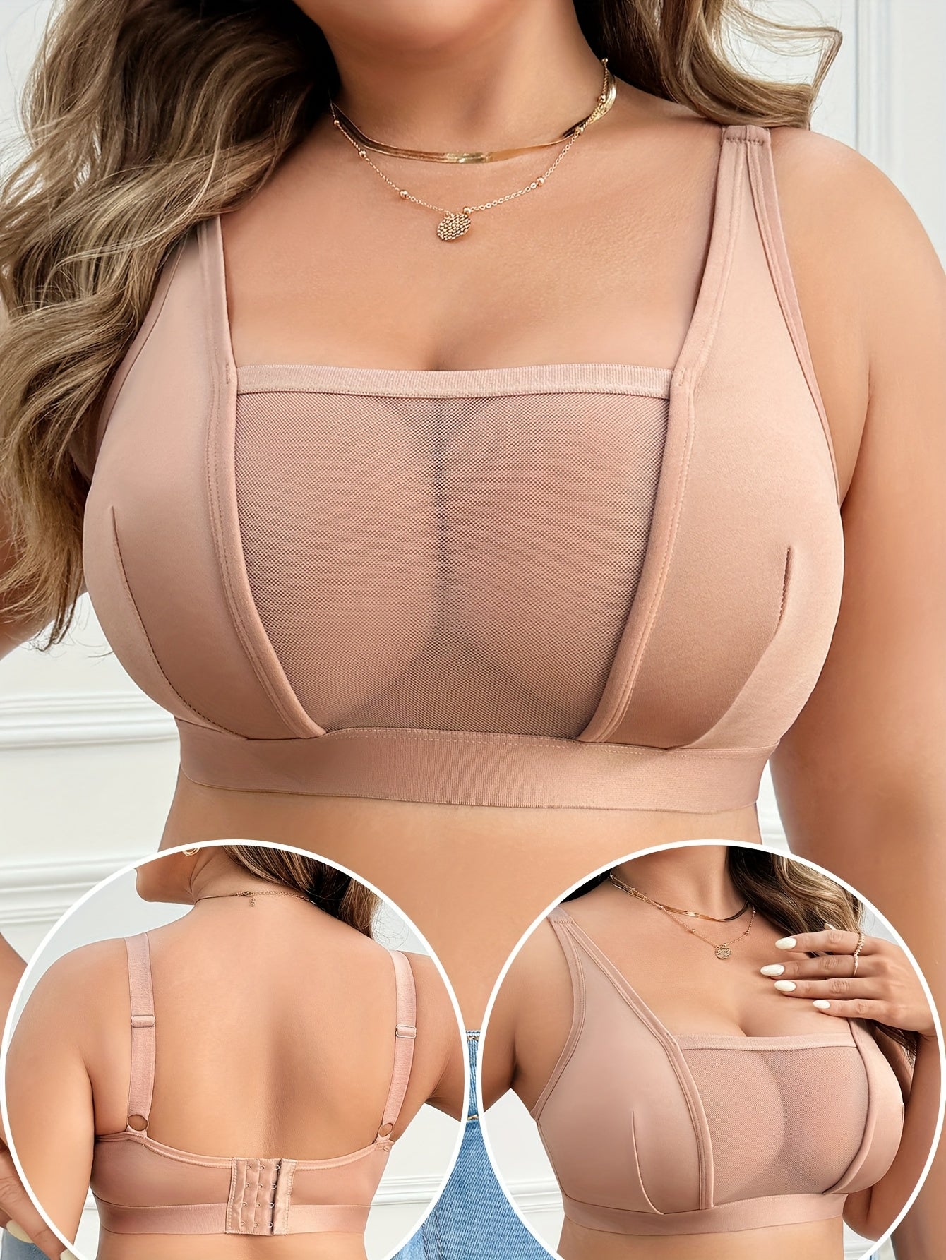 Soutien-Gorge Sans Fil Grande Taille Femme — 90% Polyester, Maille Contrastée, 3 Coloris, L-4XL