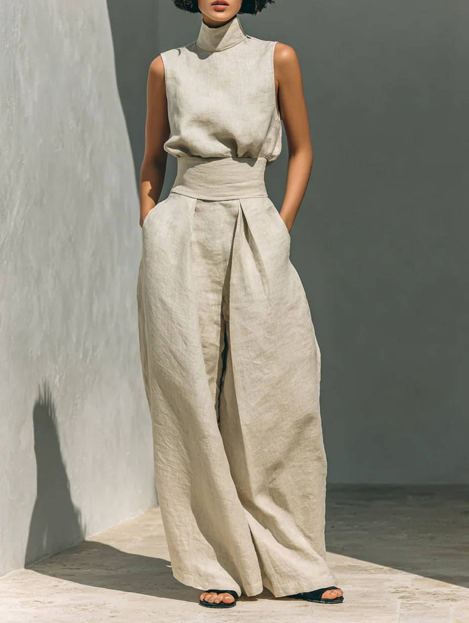 Ensemble Decontracte Sans Manches Femme - Pull Col Montant et Pantalon Large