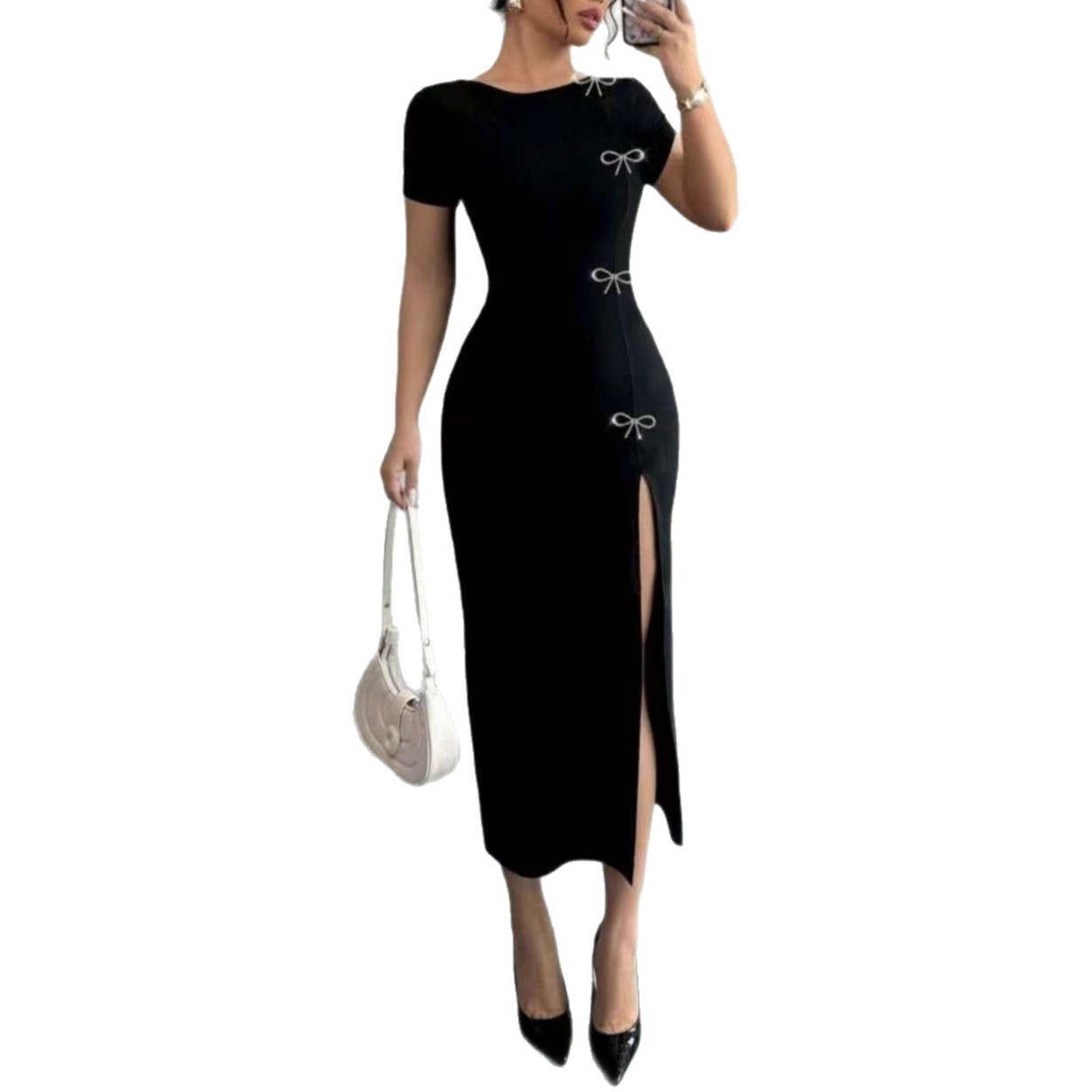 Robe Maxi Cintree Noeud Papillon Femme - Manches Courtes, Style Gilet, Infroissable