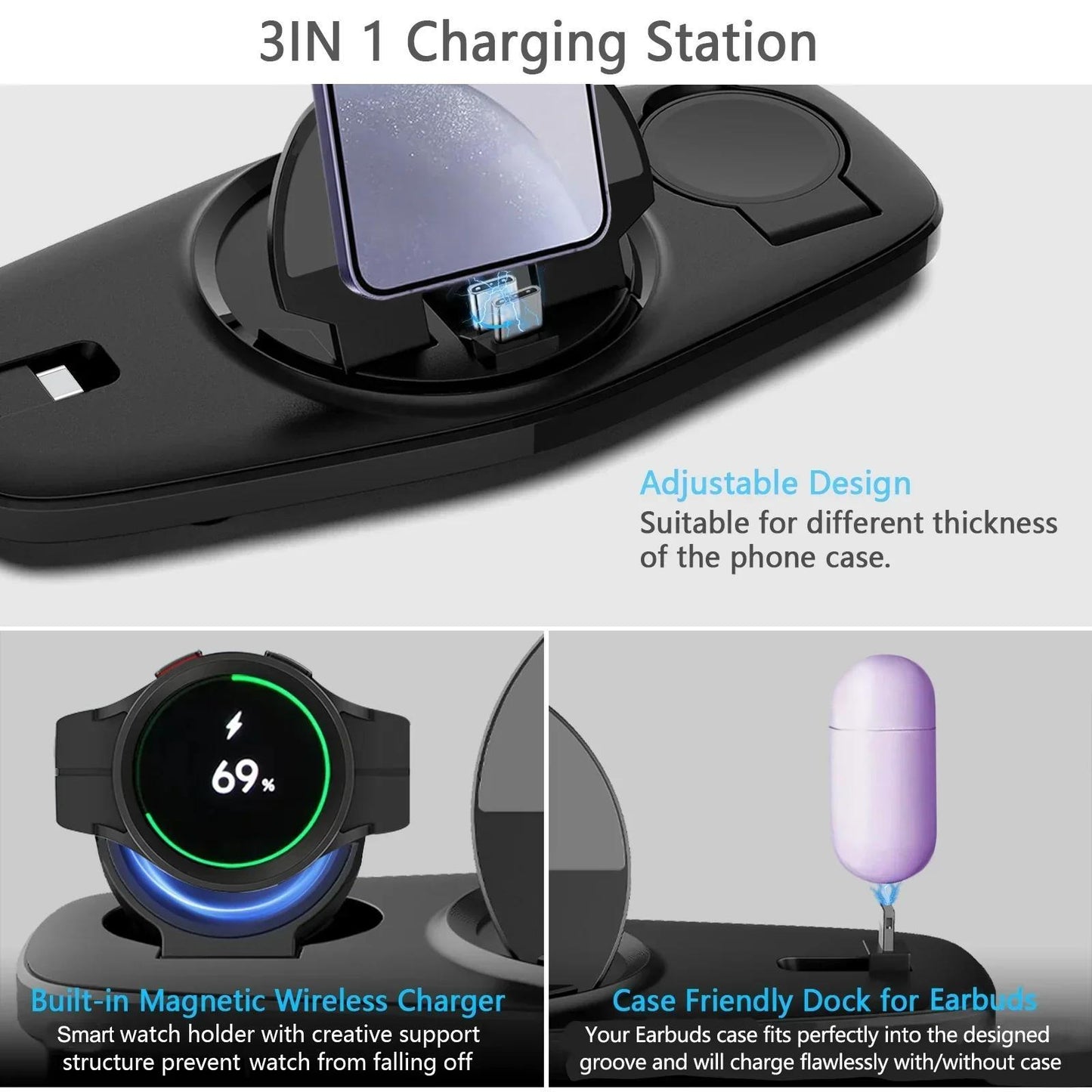Station de Charge Pliable Portable USB-C - Compatible Samsung Galaxy S25 S24 Ultra Watch 6 5 Pro Noir