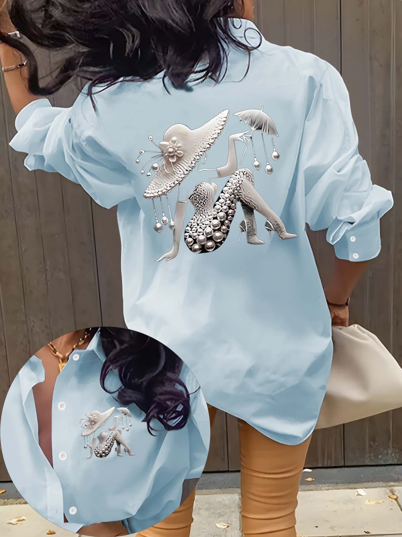 Chemise Manches Longues Imprime Creatif Femme - Style Decontracte Toutes Saisons