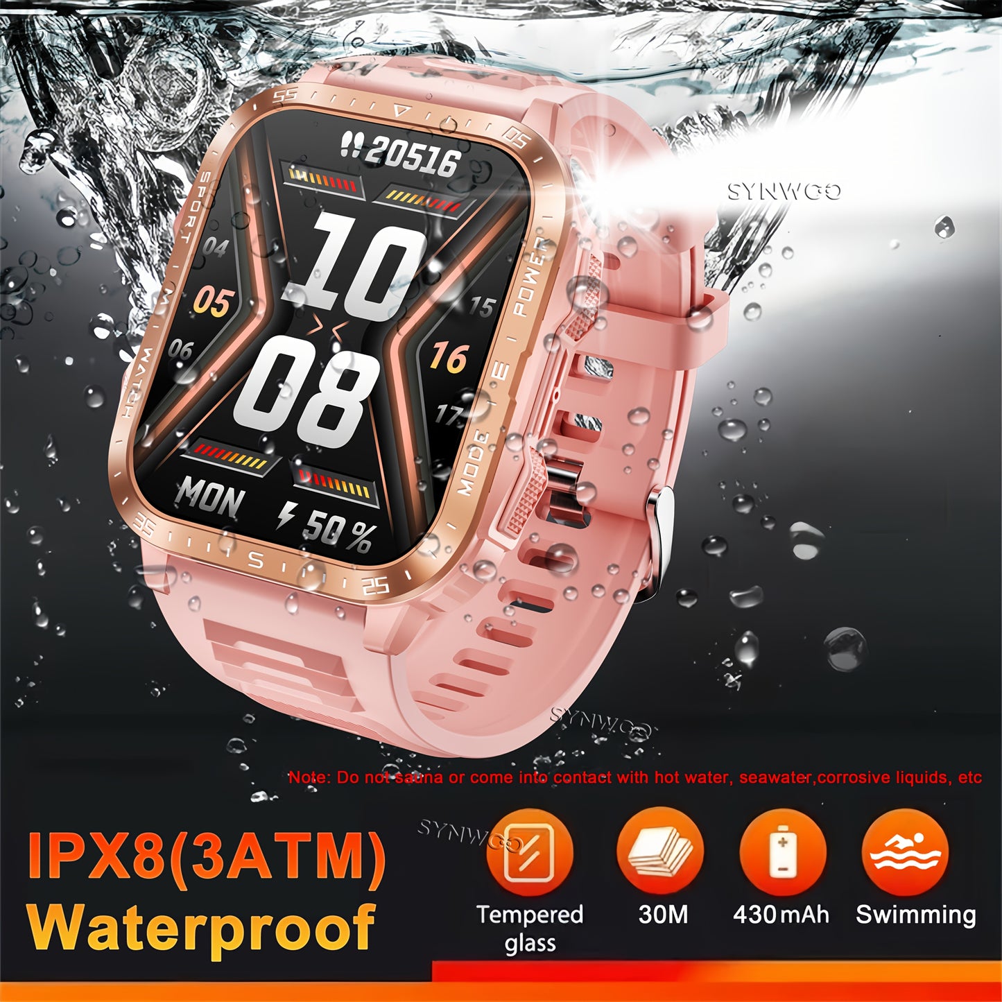 Synwoo Montre Connectee Femme Rose Ecran Tactile IPX8 Batterie 430mAh - LED Appels Assistant Vocal Multisports Suivi Sommeil Compatible Android iPhone