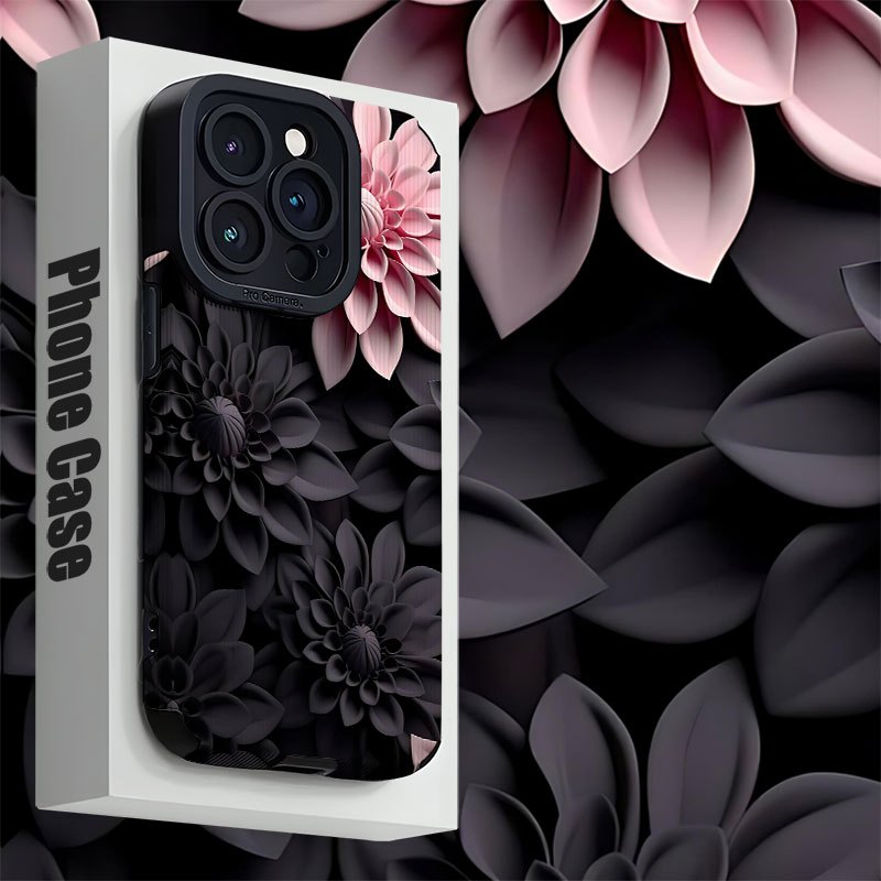 Coque iPhone Motif Floral 3D Rose et Noir – Similicuir, MagSafe, Antichoc
