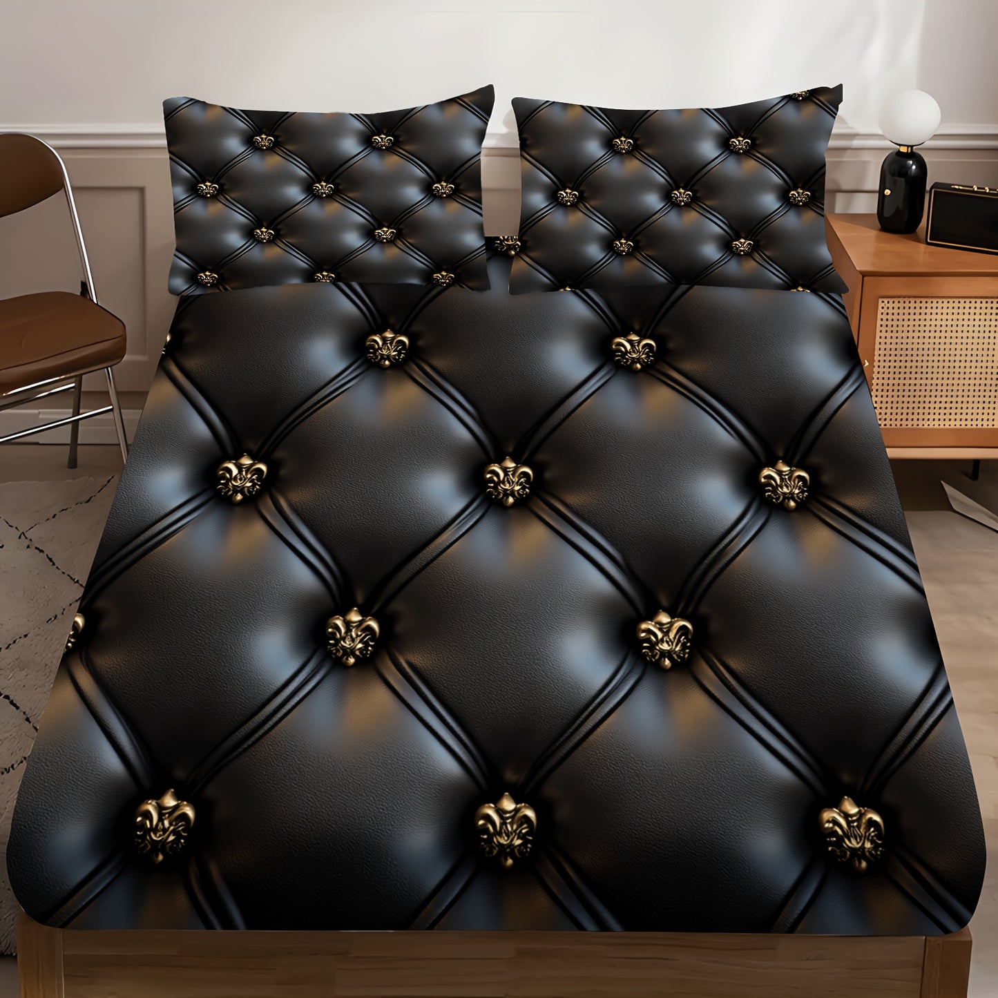 Ensemble Drap-Housse Capitonné 3 Pièces — Motif Cuir Noir & Boutons Dorés, 100% Polyester, 10 Tailles