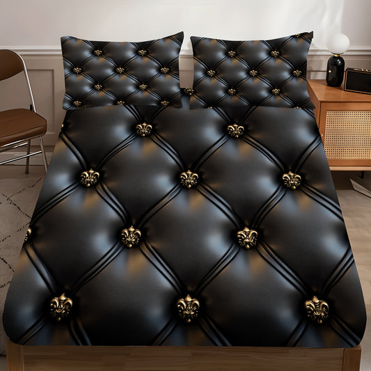 Ensemble Drap-Housse Capitonné 3 Pièces — Motif Cuir Noir & Boutons Dorés, 100% Polyester, 10 Tailles