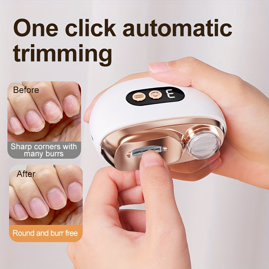Coupe-ongles electrique 2 en 1 - Manucure, polissage, anti-coupure, eclairage, recharge USB, blanc ou orange