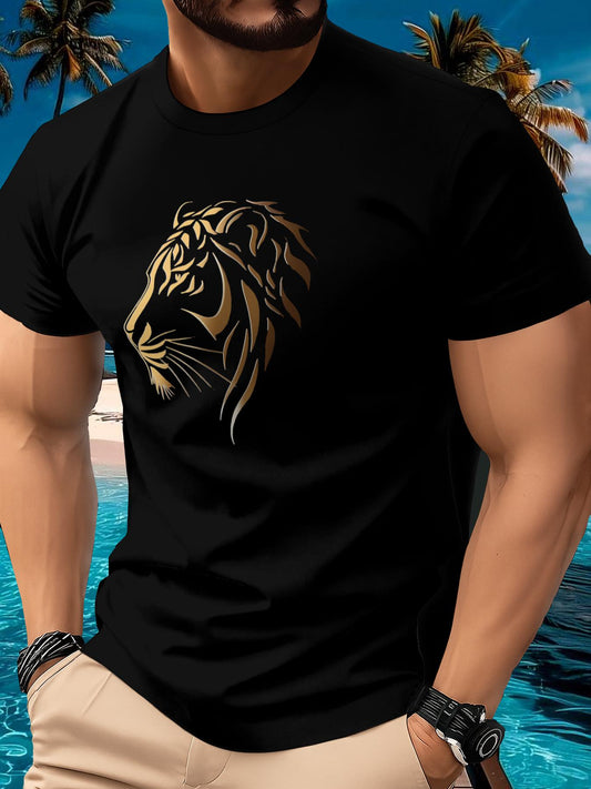 T-Shirt Homme Col Rond Manches Courtes Imprime Lion Respirant Sechage Rapide - 100% Polyester Noir FR S-XXL