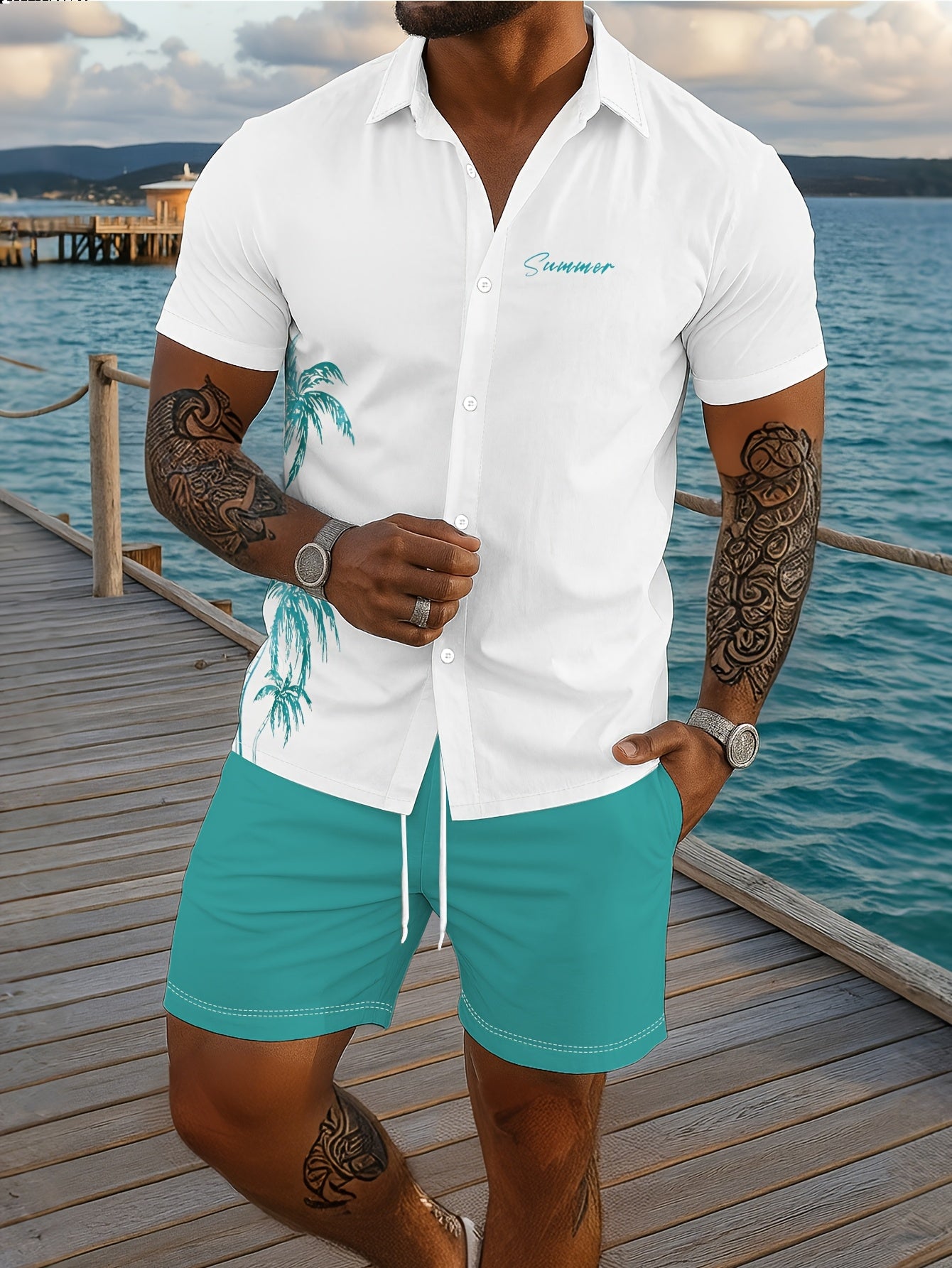 Ensemble Chemise Manches Courtes et Short Imprime Homme - Tenue Ete Decontractee