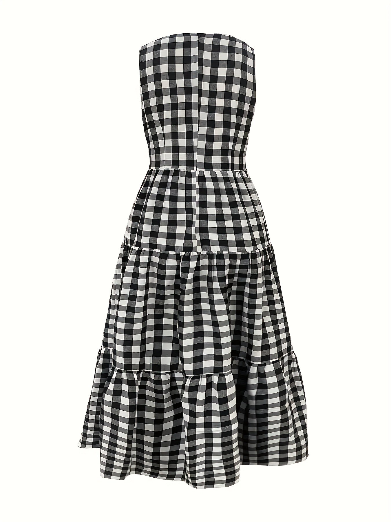 Robe ete femme carreaux sans manches - Col rond, coupe ajustee evasee, jupe multicouche, boutons, bleu ou noir, S a XXL
