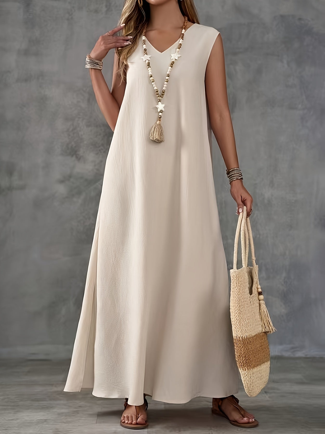 Robe Fendue Grande Taille Femme — Sans Manches, Col en V, Motif Géométrique, Beige, 1XL-4XL