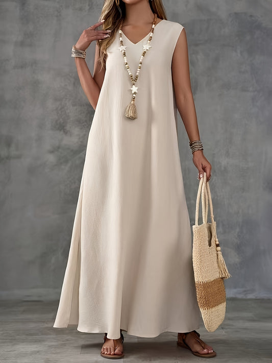 Robe Fendue Grande Taille Femme — Sans Manches, Col en V, Motif Géométrique, Beige, 1XL-4XL