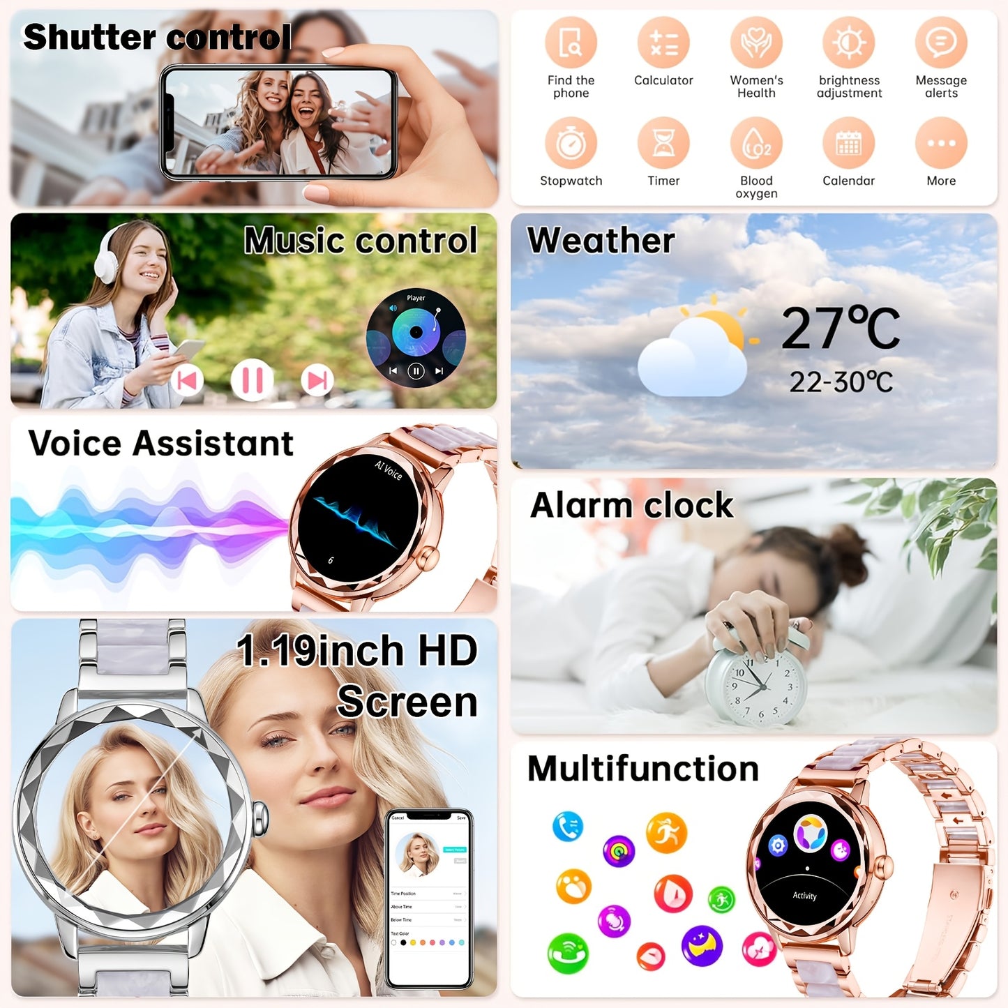 Montre Connectee Femme Elegante Bracelet Acier Inoxydable Ecran TFT 1.19 Bluetooth 5.3 - Suivi Cycle Sommeil Calories Podometre Compatible Android iPhone Rose Dore Argente