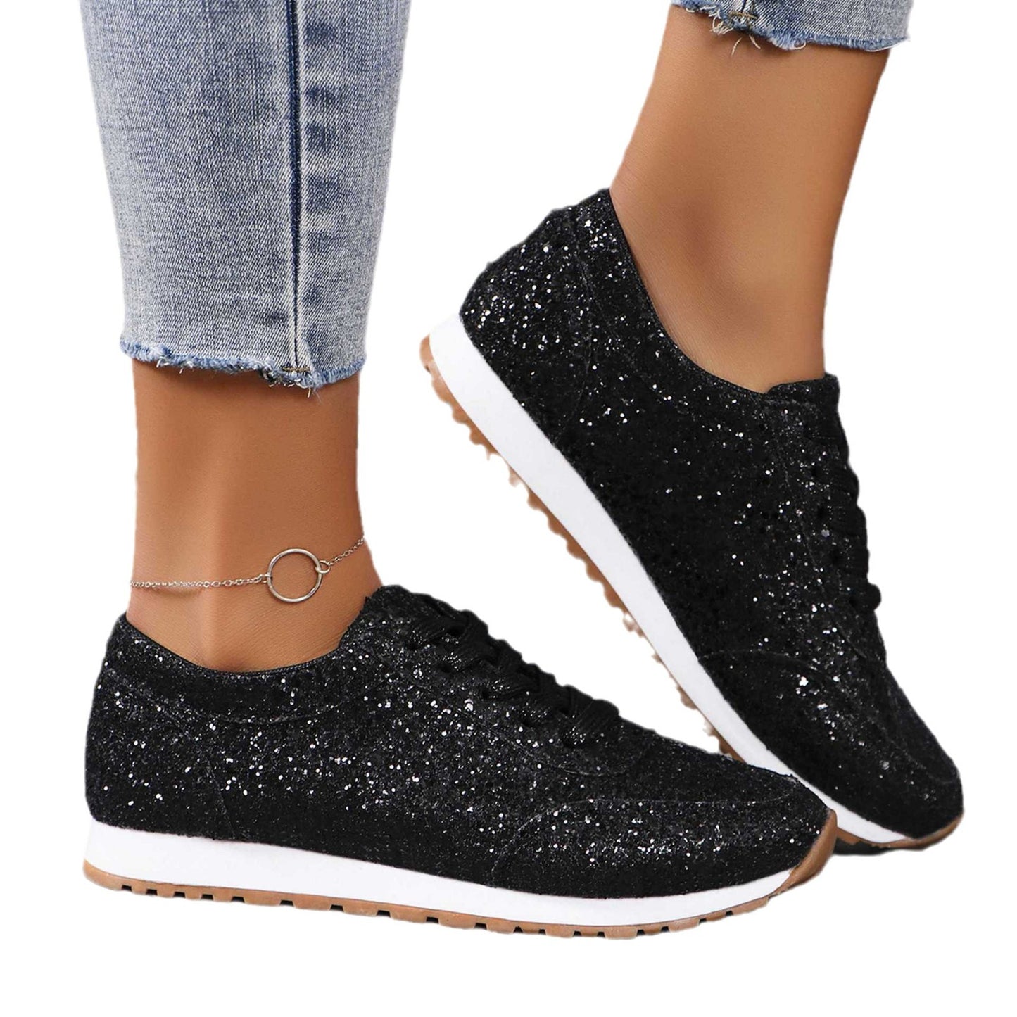 Chaussures Plates Paillettes Femme – Lacets, Bout Rond, Semelle Caoutchouc